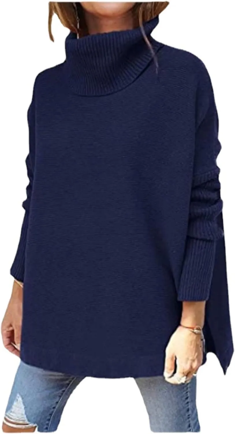 Autumn Women's Turtleneck Oversized Sweater mid-Length Batwing Sleeve Hem Pullover Sweater
