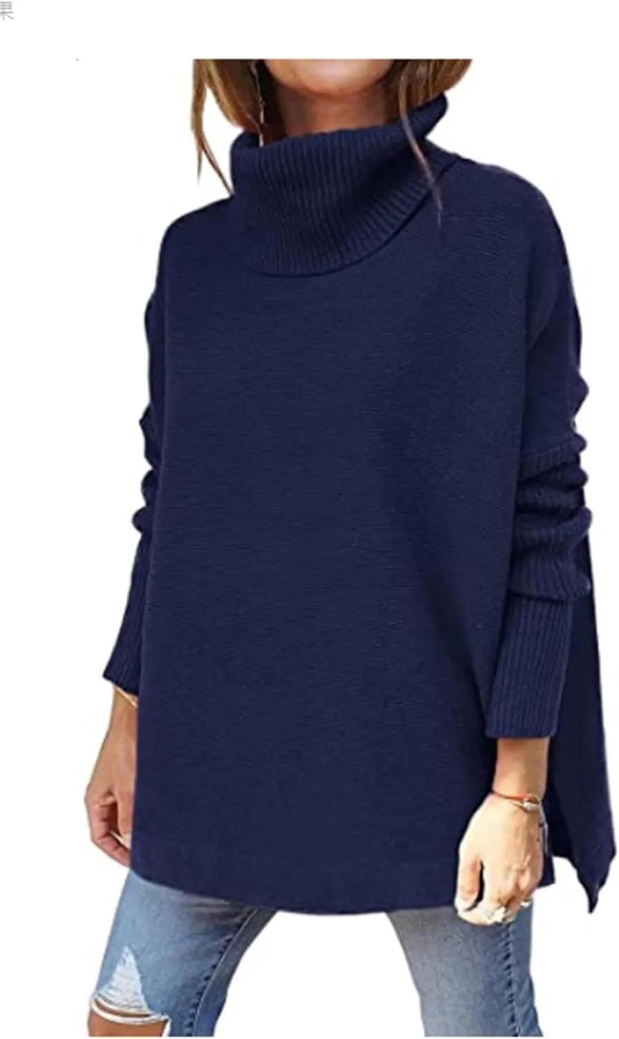 Autumn Women's Turtleneck Oversized Sweater mid-Length Batwing Sleeve Hem Pullover Sweater