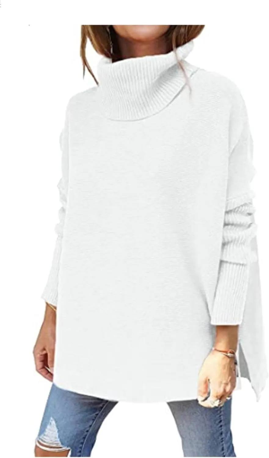 Autumn Women's Turtleneck Oversized Sweater mid-Length Batwing Sleeve Hem Pullover Sweater