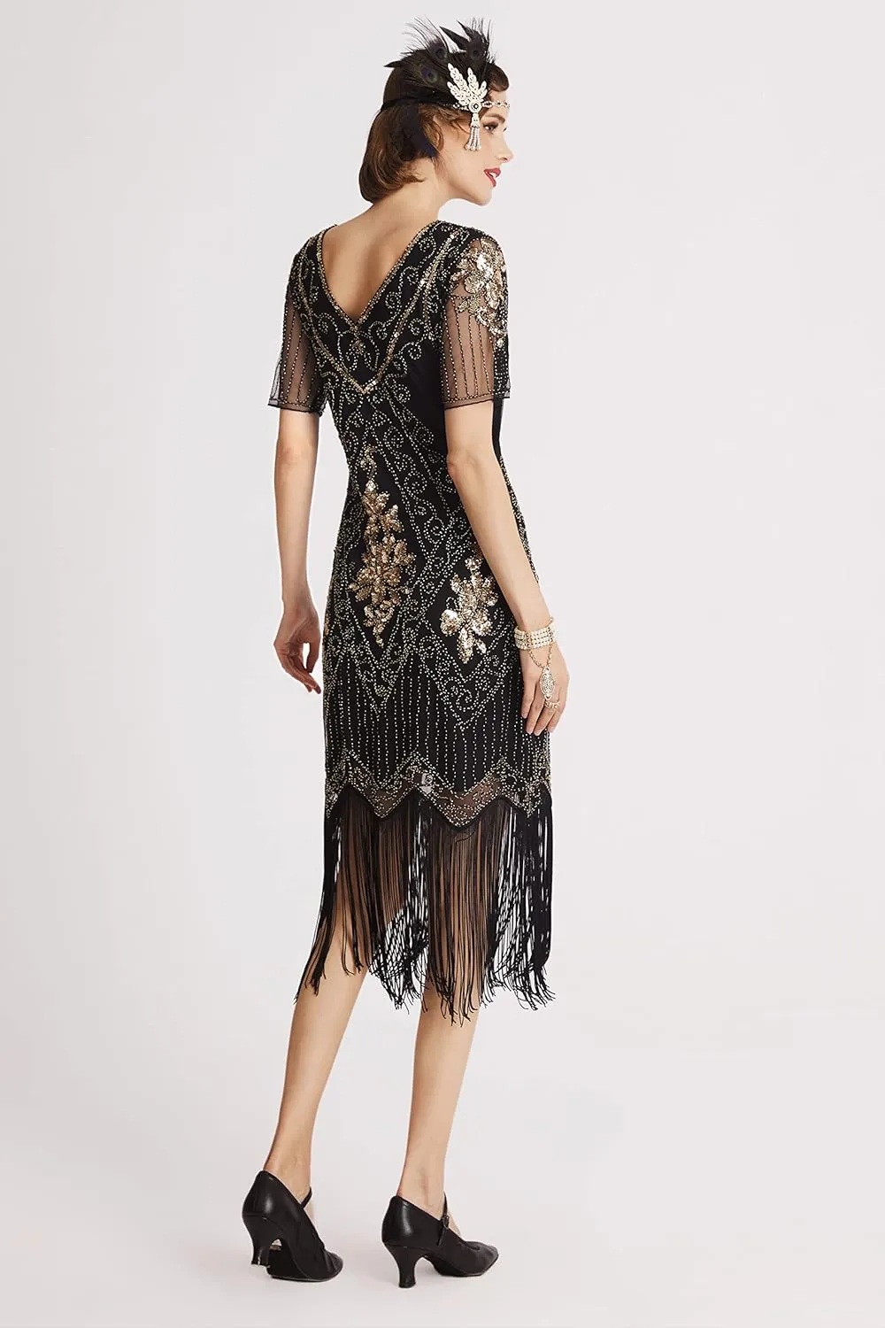 BABEYOND 1920s Art Deco Fringed Sequin Dress Roaring 20s Flapper Fancy Dress