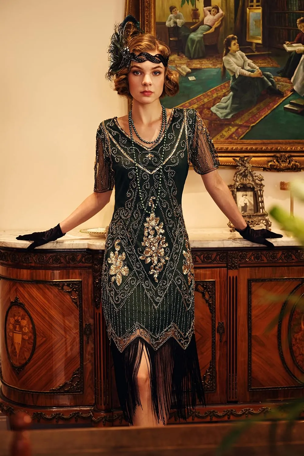 BABEYOND 1920s Art Deco Fringed Sequin Dress Roaring 20s Flapper Fancy Dress