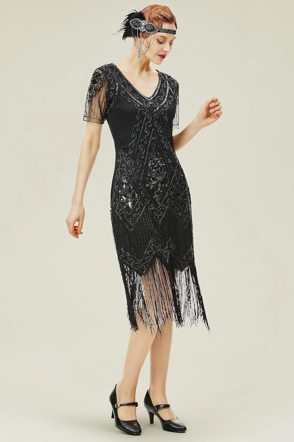 BABEYOND 1920s Art Deco Fringed Sequin Dress Roaring 20s Flapper Fancy Dress