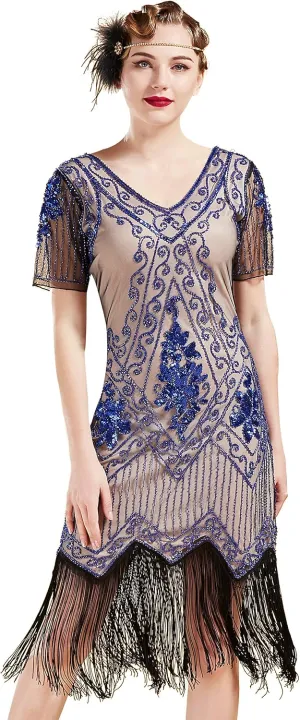 BABEYOND 1920s Art Deco Fringed Sequin Dress Roaring 20s Flapper Fancy Dress