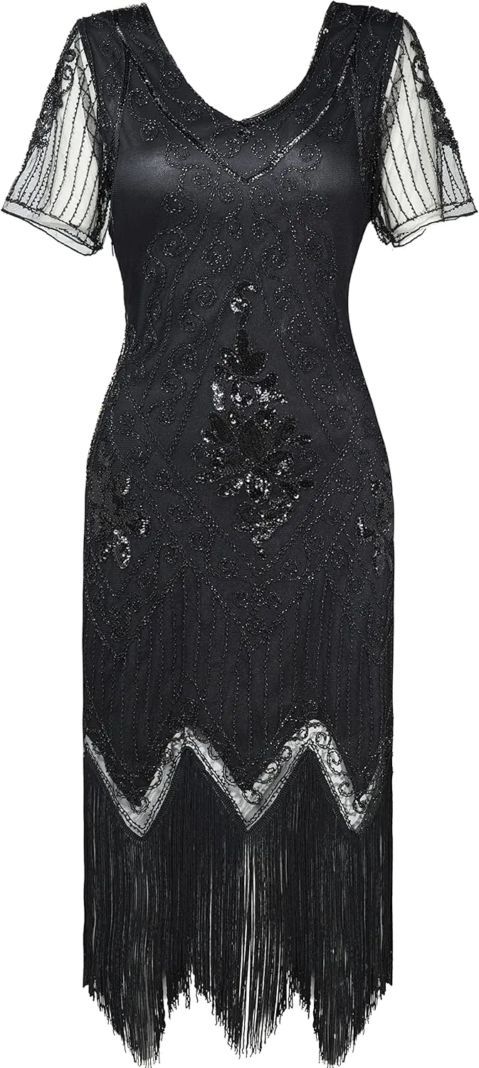 BABEYOND 1920s Art Deco Fringed Sequin Dress Roaring 20s Flapper Fancy Dress