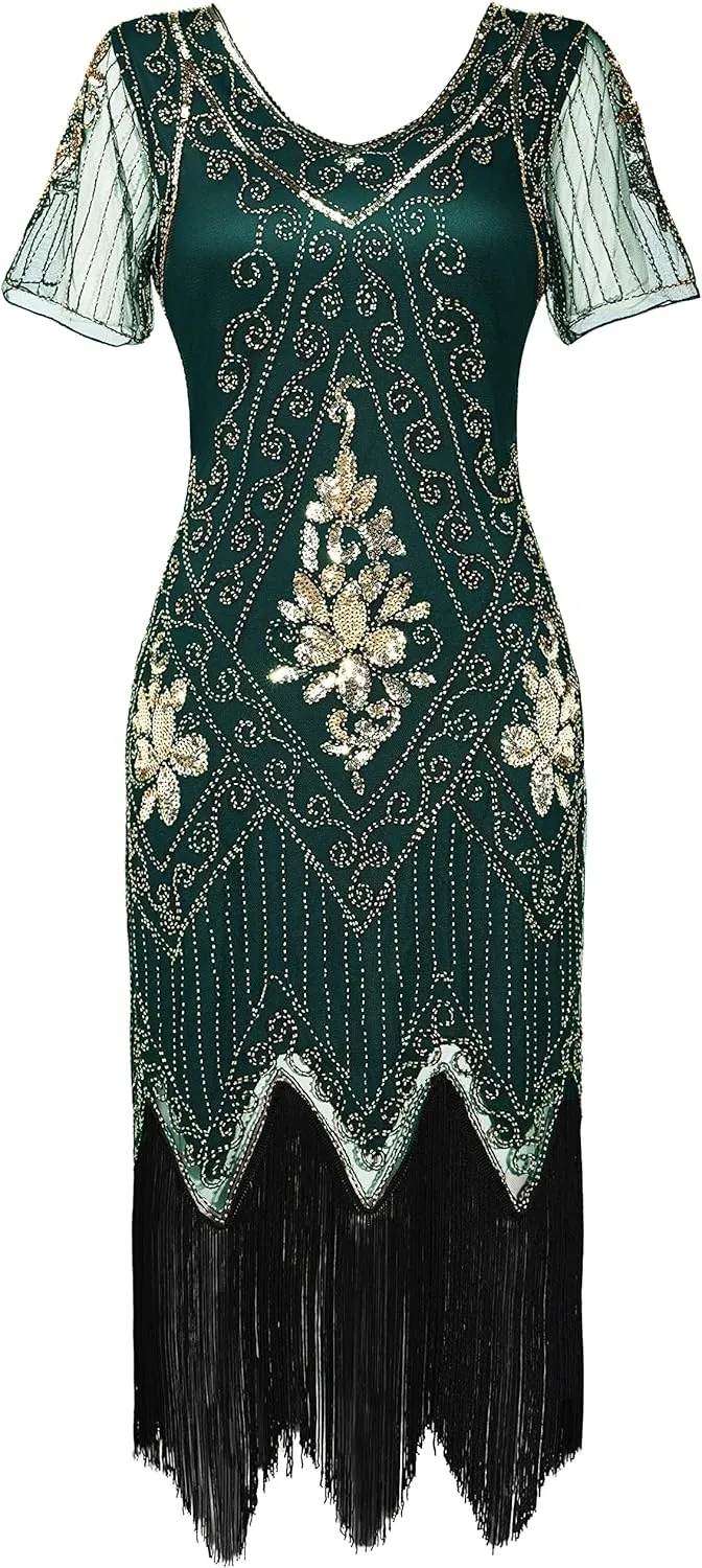 BABEYOND 1920s Art Deco Fringed Sequin Dress Roaring 20s Flapper Fancy Dress