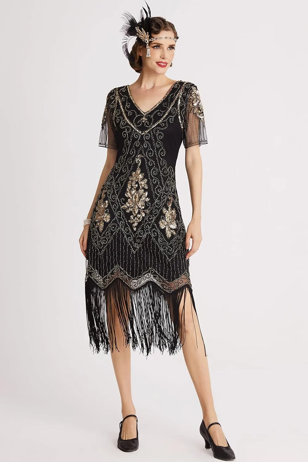 BABEYOND 1920s Art Deco Fringed Sequin Dress Roaring 20s Flapper Fancy Dress