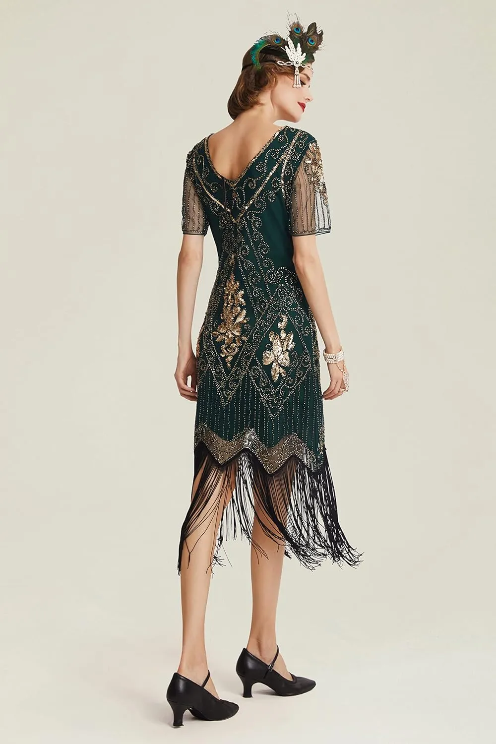 BABEYOND 1920s Art Deco Fringed Sequin Dress Roaring 20s Flapper Fancy Dress