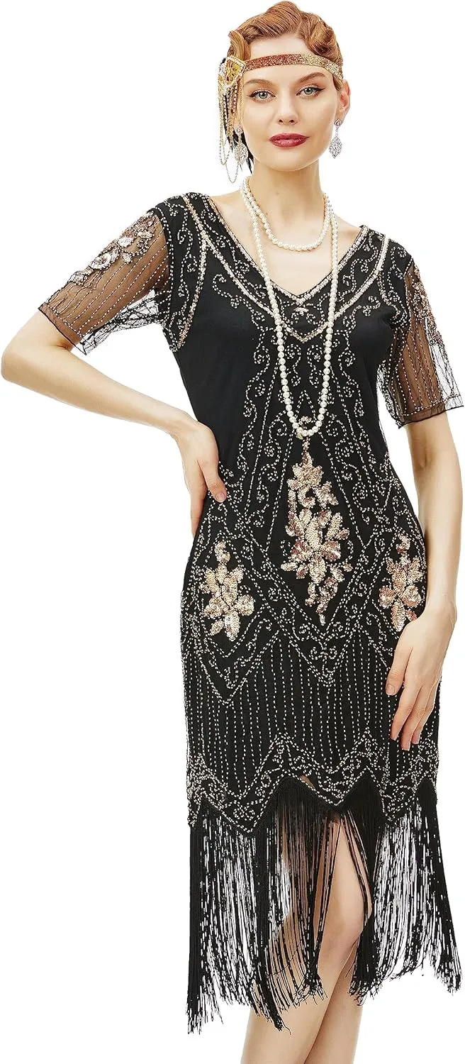 BABEYOND 1920s Art Deco Fringed Sequin Dress Roaring 20s Flapper Fancy Dress