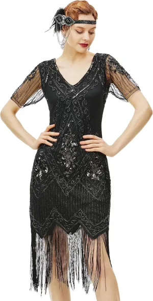 BABEYOND 1920s Art Deco Fringed Sequin Dress Roaring 20s Flapper Fancy Dress