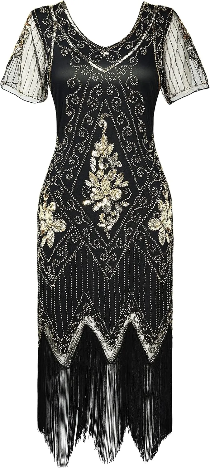 BABEYOND 1920s Art Deco Fringed Sequin Dress Roaring 20s Flapper Fancy Dress