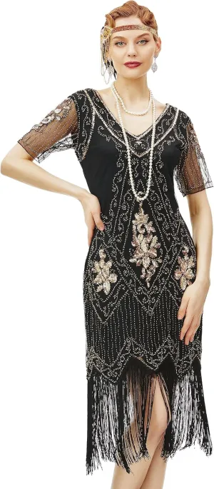 BABEYOND 1920s Art Deco Fringed Sequin Dress Roaring 20s Flapper Fancy Dress