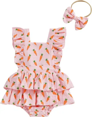 Baby Girls Ruffle Sleeveless Romper Lace Floral Backless Cotton Linen Bodysuit Jumpsuit with Headband Clothes Set