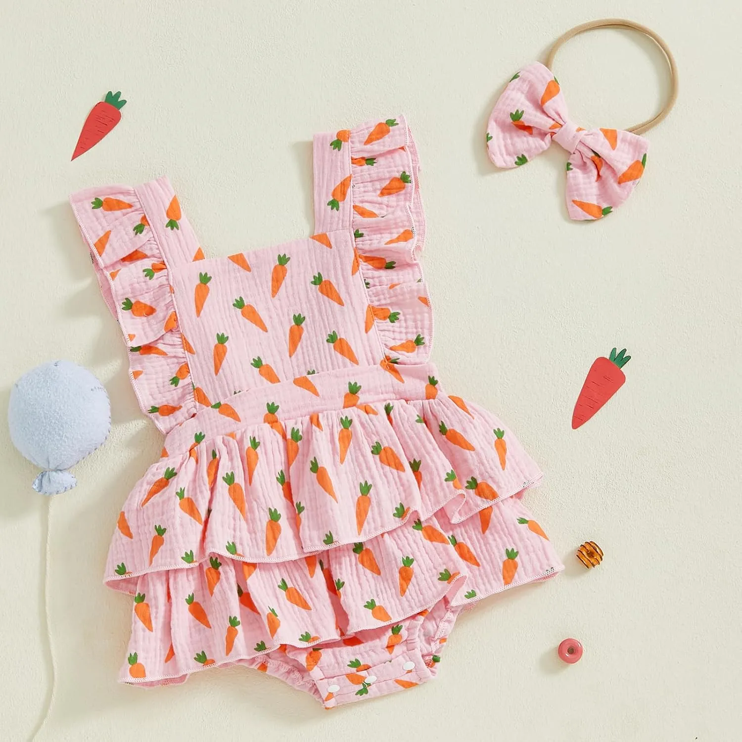 Baby Girls Ruffle Sleeveless Romper Lace Floral Backless Cotton Linen Bodysuit Jumpsuit with Headband Clothes Set