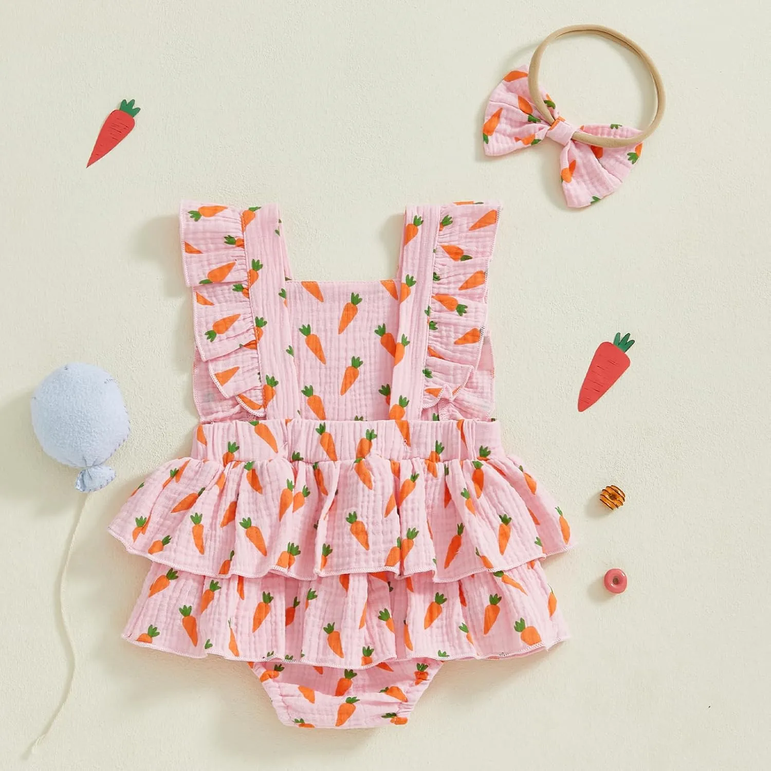 Baby Girls Ruffle Sleeveless Romper Lace Floral Backless Cotton Linen Bodysuit Jumpsuit with Headband Clothes Set
