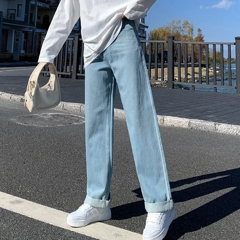 Back to College Joskaa Baggy White High Waisted Jeans for Women 2024 Fashion Denim Pants Full Length Sky Blue Vintage Streetwear Trousers