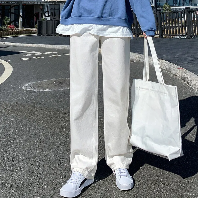 Back to College Joskaa Baggy White High Waisted Jeans for Women 2024 Fashion Denim Pants Full Length Sky Blue Vintage Streetwear Trousers