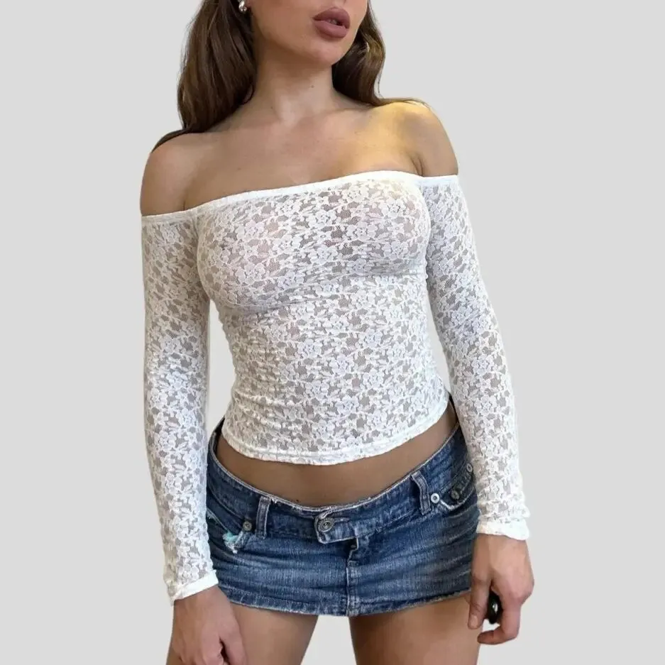 Back To School Joskaa Women's Sexy Full Floral Lace Y2K Vintage See-through Tops Long Sleeve Off-shoulder Slim Fit T-Shirts Club Party