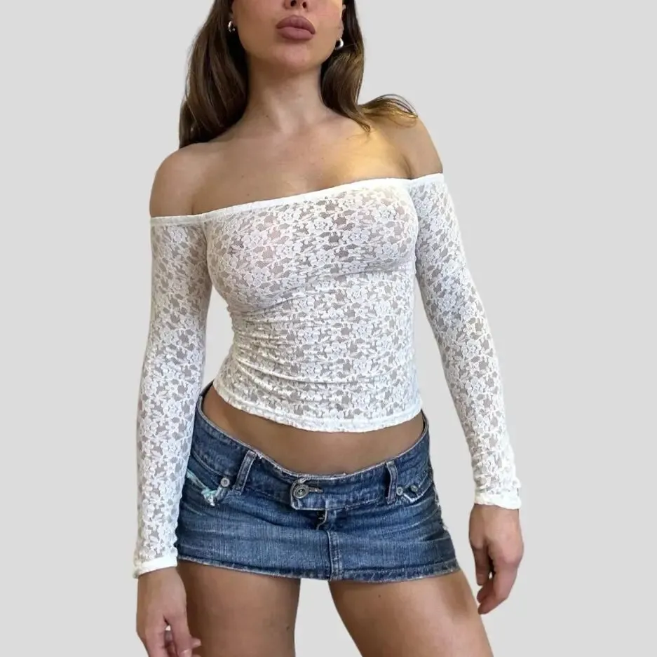 Back To School Joskaa Women's Sexy Full Floral Lace Y2K Vintage See-through Tops Long Sleeve Off-shoulder Slim Fit T-Shirts Club Party