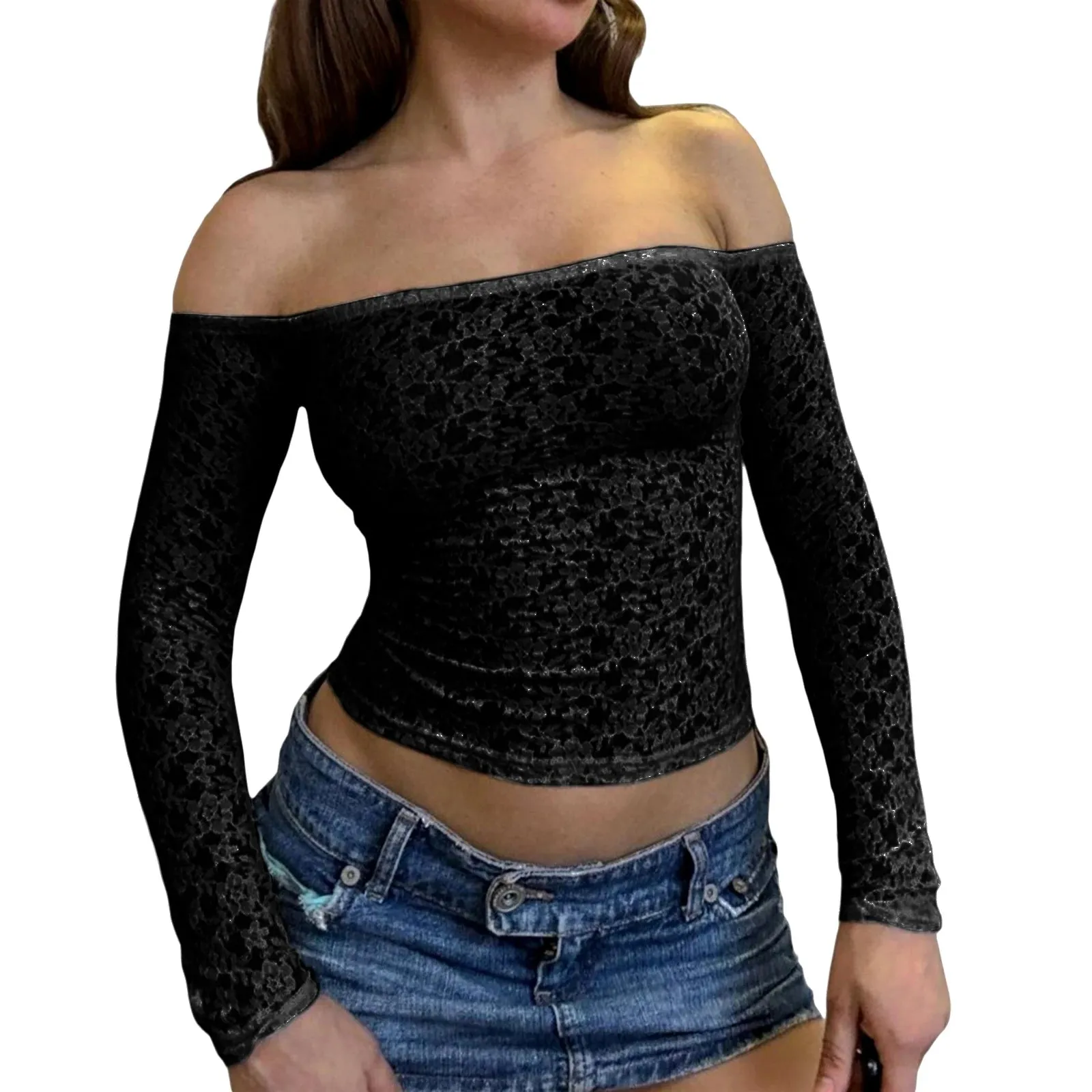 Back To School Joskaa Women's Sexy Full Floral Lace Y2K Vintage See-through Tops Long Sleeve Off-shoulder Slim Fit T-Shirts Club Party