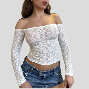 Back To School Joskaa Women's Sexy Full Floral Lace Y2K Vintage See-through Tops Long Sleeve Off-shoulder Slim Fit T-Shirts Club Party