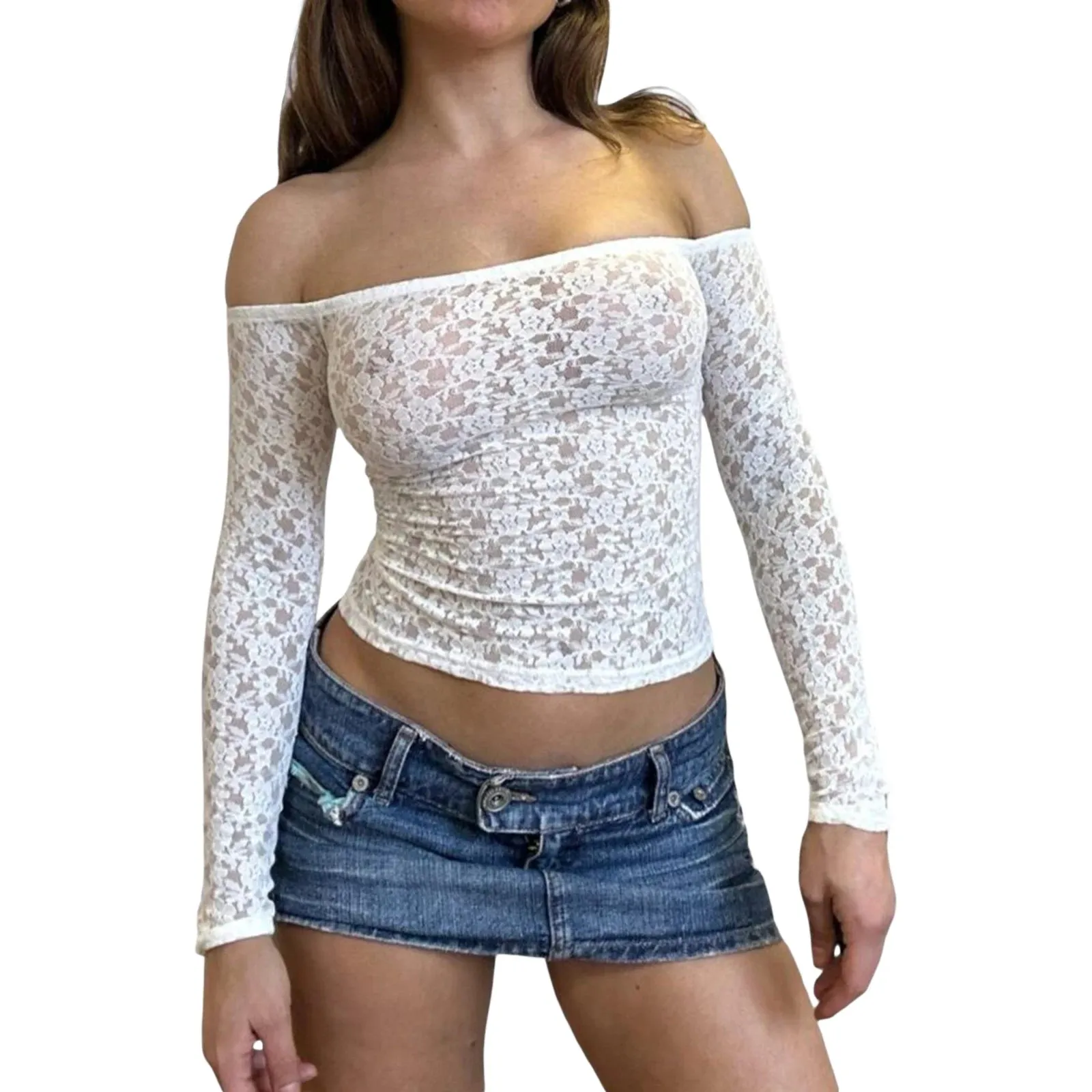 Back To School Joskaa Women's Sexy Full Floral Lace Y2K Vintage See-through Tops Long Sleeve Off-shoulder Slim Fit T-Shirts Club Party