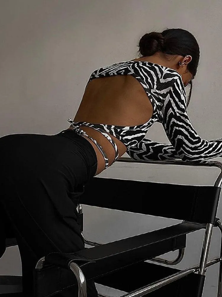 Backless Lace up Zebra Print Cop Top