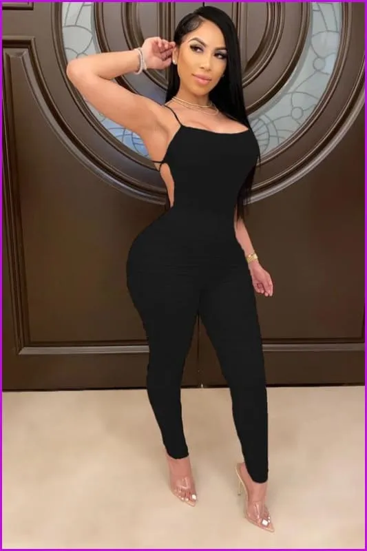 Backless Sleeveless Ruched Skinny Leg Jumpsuit F815