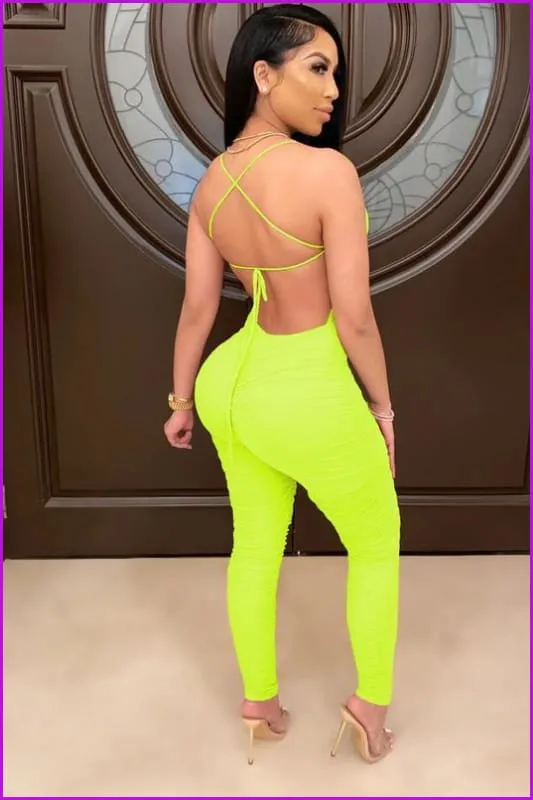 Backless Sleeveless Ruched Skinny Leg Jumpsuit F815