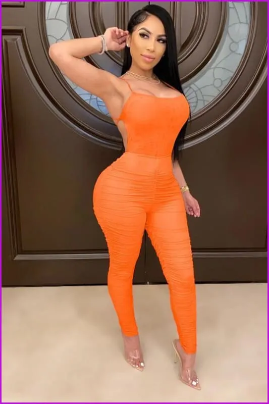 Backless Sleeveless Ruched Skinny Leg Jumpsuit F815