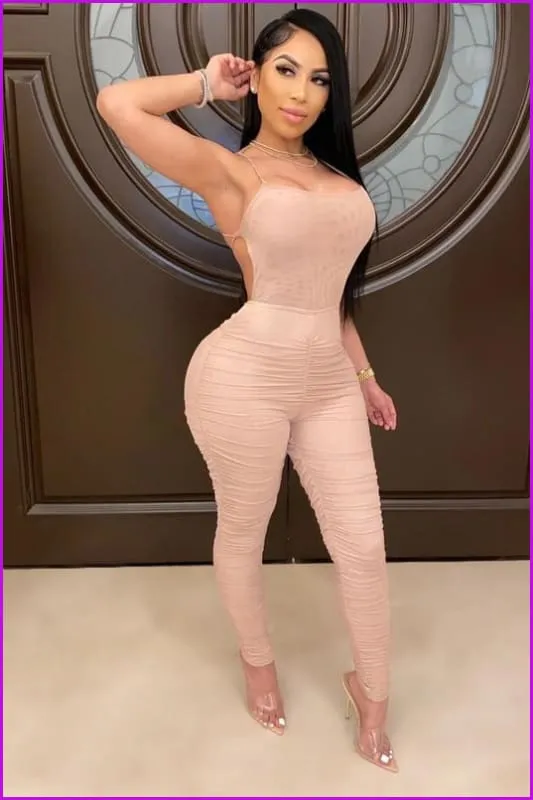 Backless Sleeveless Ruched Skinny Leg Jumpsuit F815