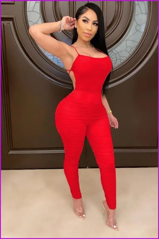 Backless Sleeveless Ruched Skinny Leg Jumpsuit F815