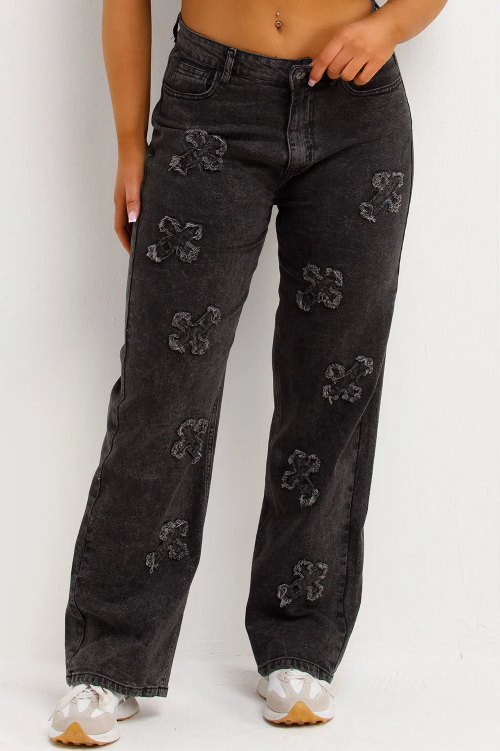 Baggy Jeans With Crosses Charcoal Grey