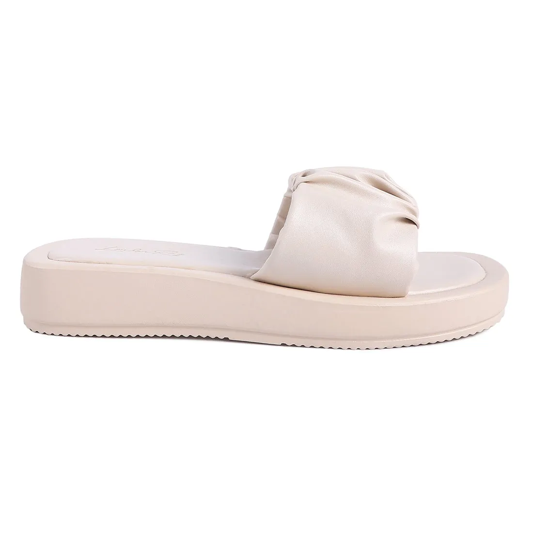 Beige Gathered Low Wedge Slides