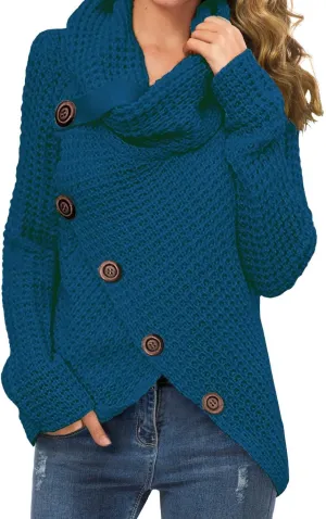 Bengbobar Womens Turtleneck Sweaters Fall Button Chunky Long Sleeve Knitted Casual Pullover Sweaters Asymmetrical Sweaters