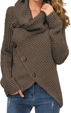 Bengbobar Womens Turtleneck Sweaters Fall Button Chunky Long Sleeve Knitted Casual Pullover Sweaters Asymmetrical Sweaters
