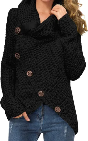 Bengbobar Womens Turtleneck Sweaters Fall Button Chunky Long Sleeve Knitted Casual Pullover Sweaters Asymmetrical Sweaters