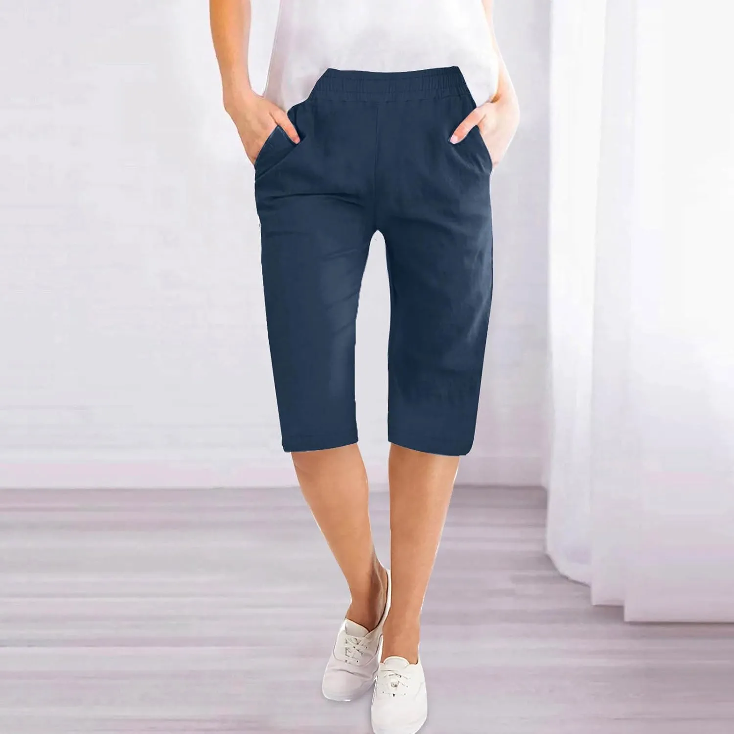 Bermuda Shorts for Womens Knee Length Cotton Linen Capris Lightweight Summer Straight Leg Beach Travel Shorts W Pocket