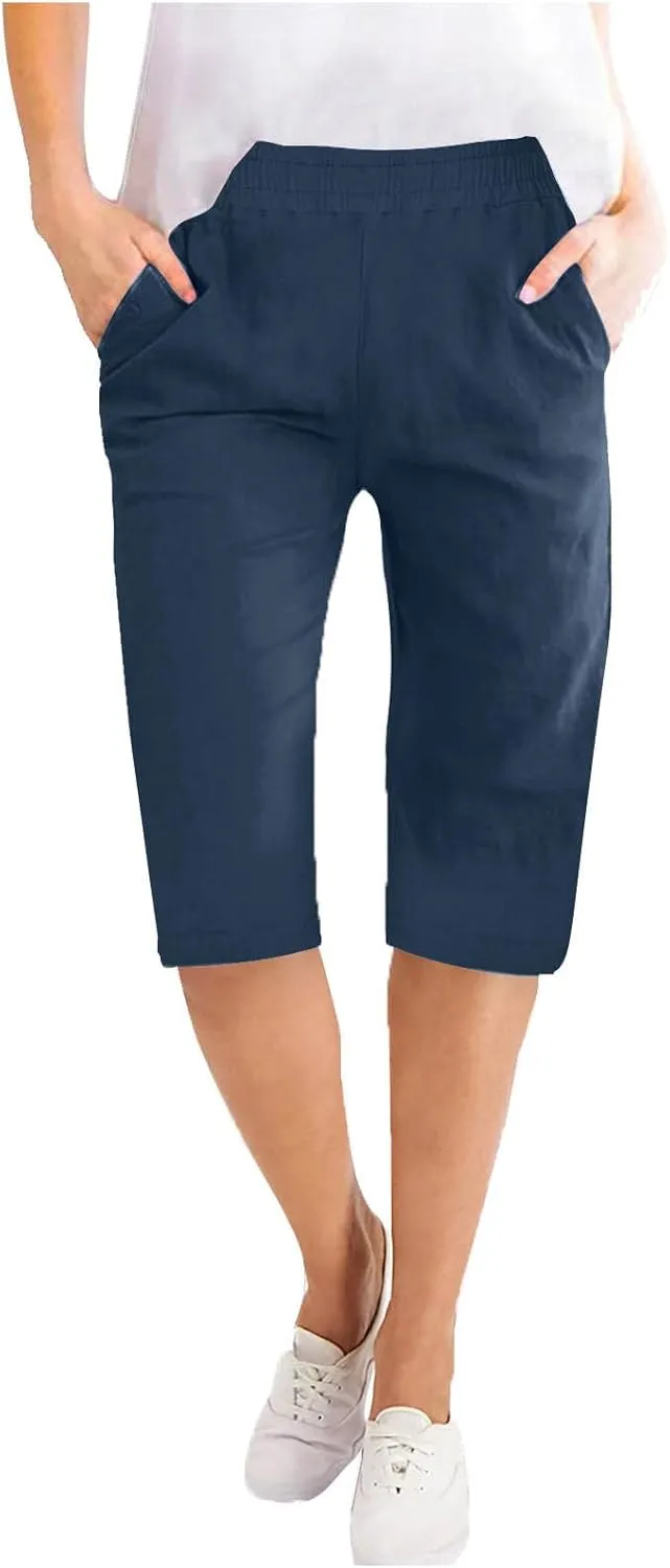 Bermuda Shorts for Womens Knee Length Cotton Linen Capris Lightweight Summer Straight Leg Beach Travel Shorts W Pocket
