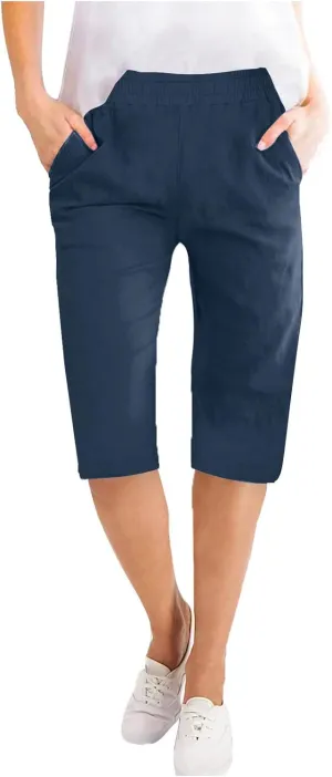 Bermuda Shorts for Womens Knee Length Cotton Linen Capris Lightweight Summer Straight Leg Beach Travel Shorts W Pocket