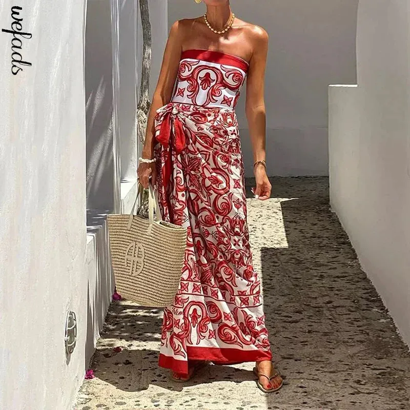 binfenxie  -  Two Piece Sets 2024 Women Summer Casual Holiday Print Lace Up Sleeveless Bandeau Jumpsuit With Skirt Sets Streetwear