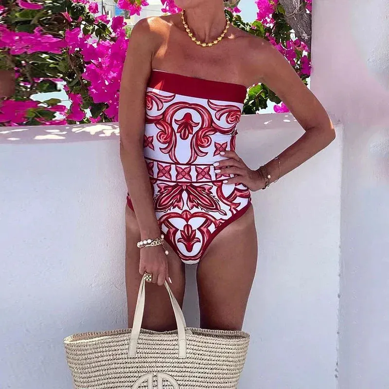 binfenxie  -  Two Piece Sets 2024 Women Summer Casual Holiday Print Lace Up Sleeveless Bandeau Jumpsuit With Skirt Sets Streetwear