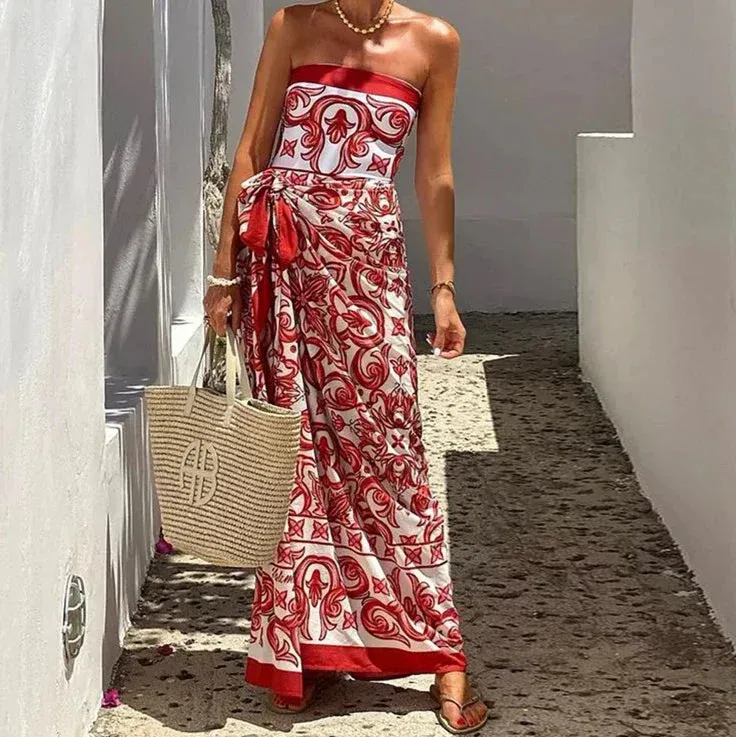 binfenxie  -  Two Piece Sets 2024 Women Summer Casual Holiday Print Lace Up Sleeveless Bandeau Jumpsuit With Skirt Sets Streetwear