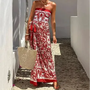 binfenxie  -  Two Piece Sets 2024 Women Summer Casual Holiday Print Lace Up Sleeveless Bandeau Jumpsuit With Skirt Sets Streetwear