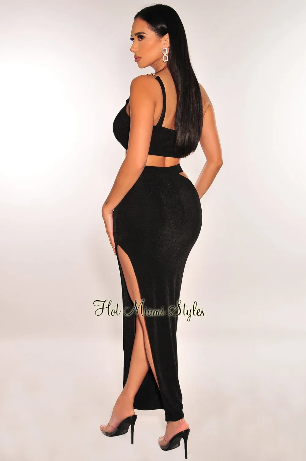 Black Gold Chain One Shoulder Cut Out Skirt Two Piece Set