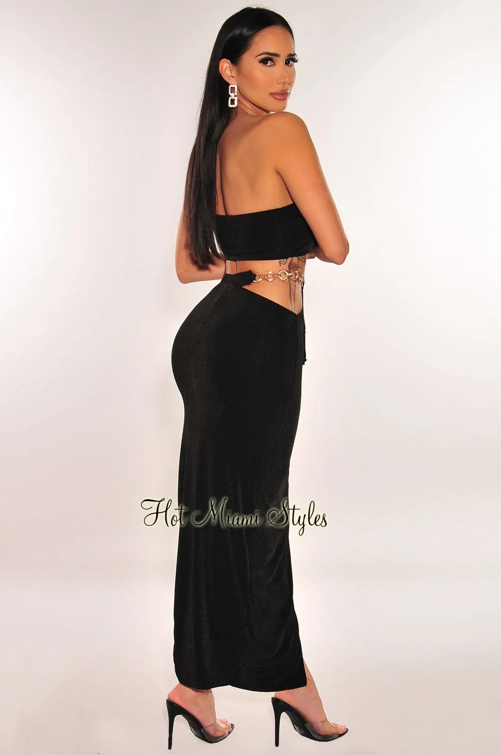 Black Gold Chain One Shoulder Cut Out Skirt Two Piece Set