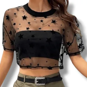 Black Sheer Short Sleeve Embroidered Stars Crop Top