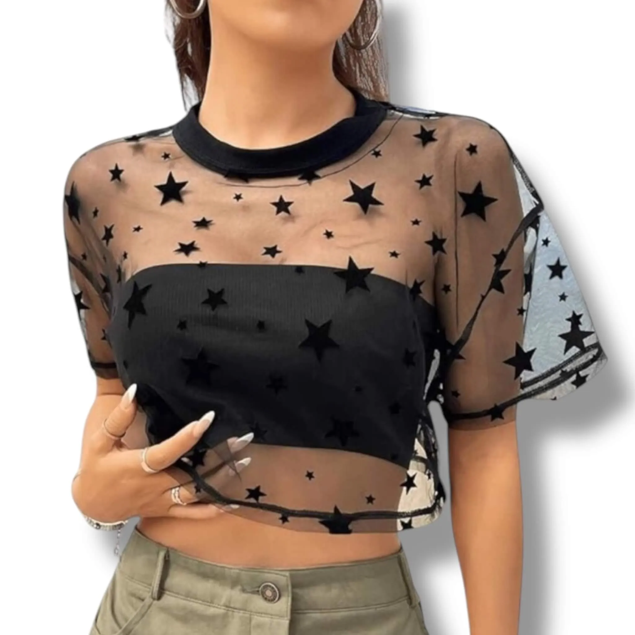 Black Sheer Short Sleeve Embroidered Stars Crop Top