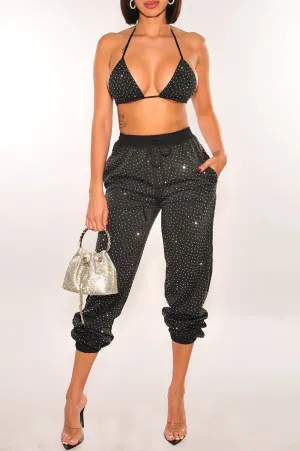 Black Silver Rhinestone Halter Triangle Top Jogger Pants Two Piece Set