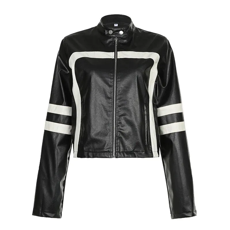 Black Stripe Stitched PU Leather Zip Up Jacket