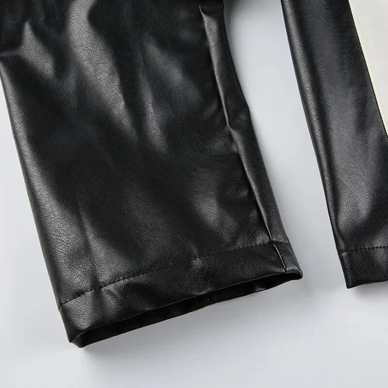 Black Stripe Stitched PU Leather Zip Up Jacket